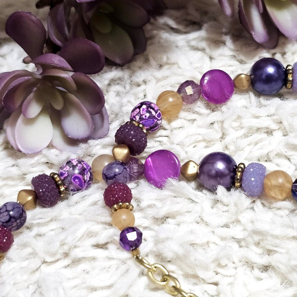 Artisan Necklace Earrings and Bracelet Set Purple Gold Magenta Stone Beads - Picture 7 of 15